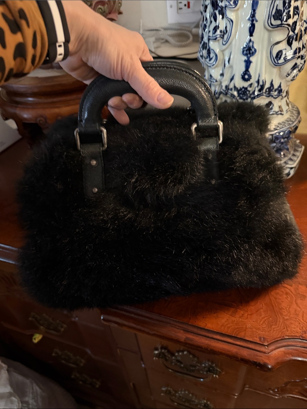 Chanel Black Fur Handbag with Top Handles